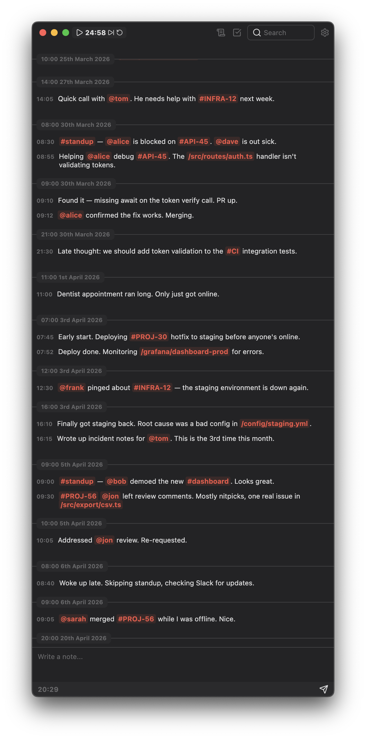 Distillog app showing a day's timeline of notes